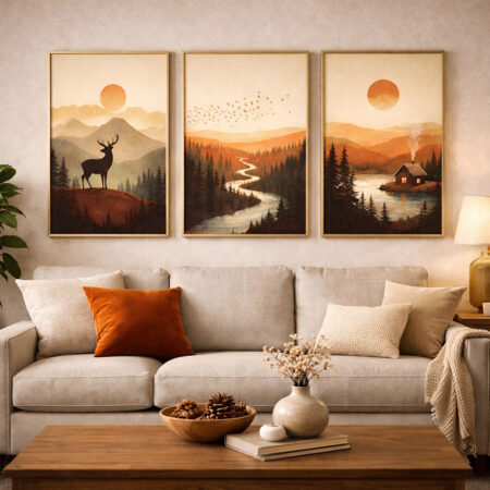 Triptyque Paysage Automne Châlet et Cerf, Décoration Murale Nature, Affiche Coucher de Soleil Forêt, Cadre Bois Minimal