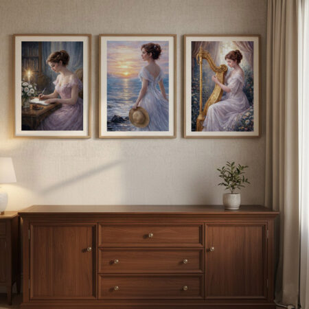 Triptyque Peinture Femme Romantique, Affiche Vintage Art Classique, Décoration Murale Chambre Élégante, Cadre Bois Simple