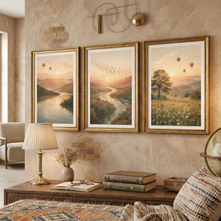 Triptyque Paysage Montgolfières et Rivière, Affiche Nature Printemps, Tableau Mural Paisible Salon, Cadre Bois Clair