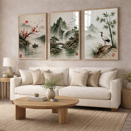 Triptyque Art Asiatique Paysage Japonais, Affiche Aquarelle Estampe, Décoration Zen Bureau, Cadre Bois Minimaliste