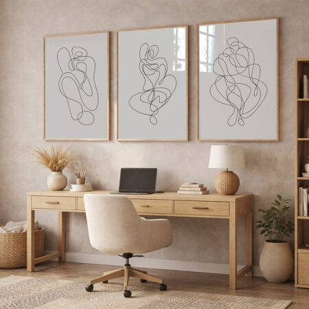 Triptyque Line Art Abstrait Noir et Blanc, Affiche Minimaliste Silhouette, Décoration Murale Moderne, Cadre Fin Simple