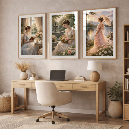 Triptyque Femme Romantique Jardin Fleuri, Peinture Classique Vintage, Affiche Décoration Salon Chic, Cadre Bois Élégant