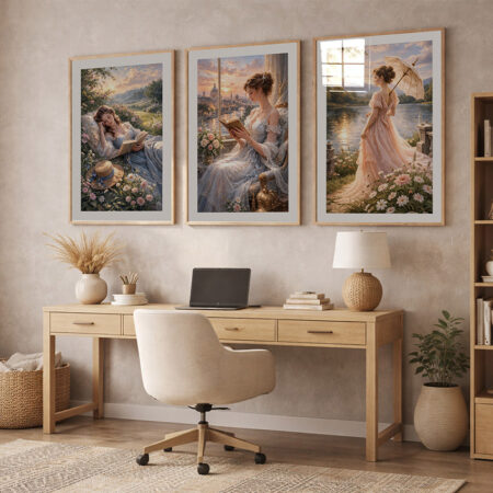 Triptyque Art Classique Femme Rêveuse, Affiche Peinture Romantique, Décoration Murale Douce Chambre, Cadre Bois Mince