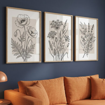 Triptyque Fleurs de Pavot, Décoration Botanique, Cadre Bois Minimaliste Sans Marge Salon Maroc