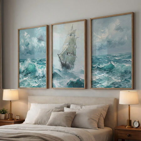 Triptyque Voilier et Océan, Peinture Maritime Vagues, Décoration Murale Chambre Cadre Bois