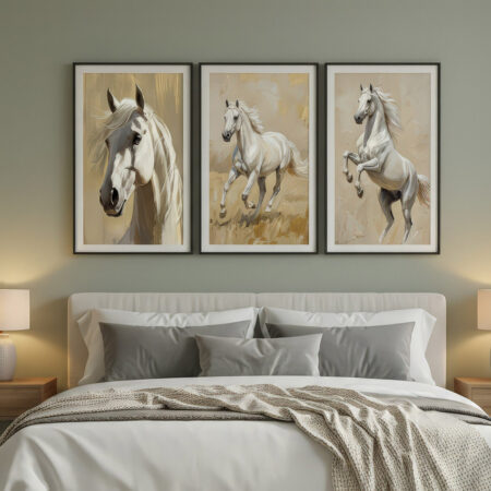 Triptyque Chevaux Blancs, Art Équestre Élégant, Affiches Décoration Chambre, Tableau Nature Animaux, Lot de 3 Cadres