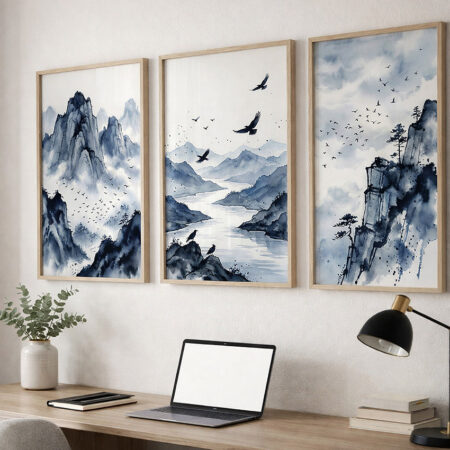 Paysage Montagnes Encre de Chine, Triptyque Asiatique Minimaliste, Décoration Salon Maroc