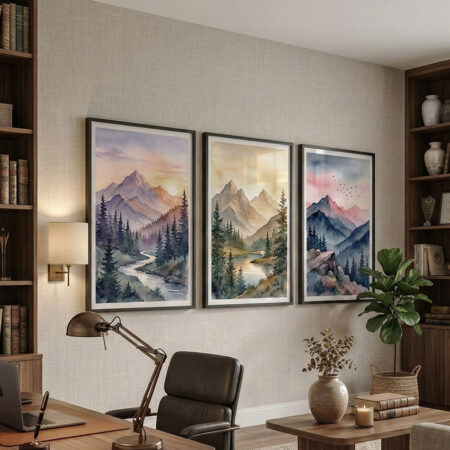 Tableaux Aquarelle Montagnes Forêt, Triptyque Paysage Nature, Déco Murale Cadre Noir Mince