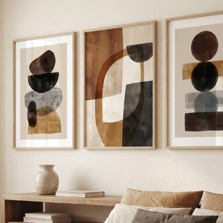 Triptyque Art Abstrait Bohème, Formes Géométriques Terre, Cadre Bois Minimaliste Maroc