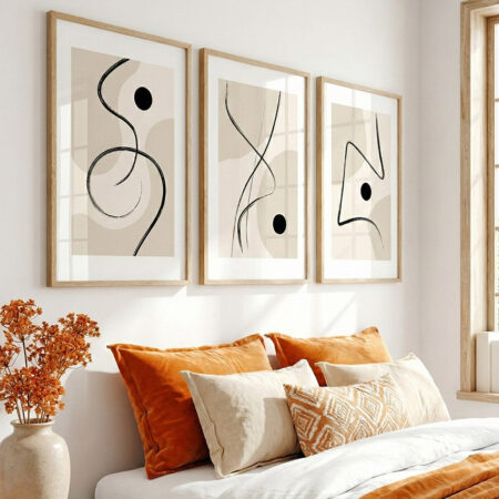 Triptyque Abstrait Minimaliste, Lignes Noires et Beiges, Affiches Bohèmes pour Salon, Art Mural Moderne Maroc.