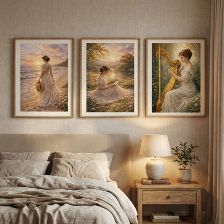 Set de 3 Tableaux Vintage Femmes, Art Romantique pour Entrée ou Salon, Décoration Murale Élégante et Classique.
