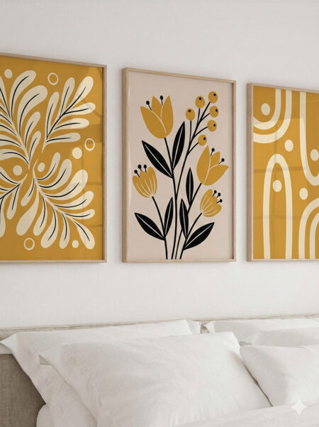 Triptyque Art Botanique Moutarde et Noir, Affiches Fleurs Bohèmes, Décoration Murale Chaleureuse pour Chambre.