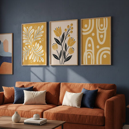 Triptyque Art Botanique Moutarde et Noir, Affiches Fleurs Bohèmes, Décoration Murale Chaleureuse pour Chambre.