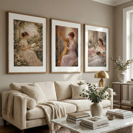 Tableaux Femmes Style Renaissance, Triptyque Romantique pour Salon, Art Mural Classique Cadre Bois Minimaliste.
