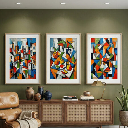 Set 3 Tableaux Style Cubiste, Art Moderne Coloré, Natures Mortes et Paysage Abstrait pour Décoration Originale.