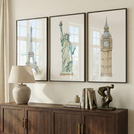 Tableau Décoratif Monument | Aquarelle Paris NY Londres | Cadre sous Vitre Chambre Salon Maroc | Triptyque Voyage