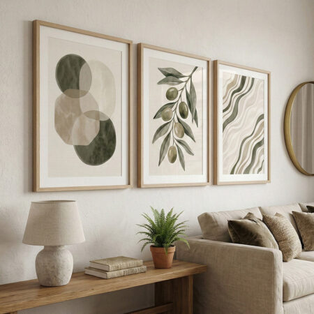 Triptyque art mural bohème abstrait et branche d'olivier, décoration murale minimaliste nature, affiche cadre bois