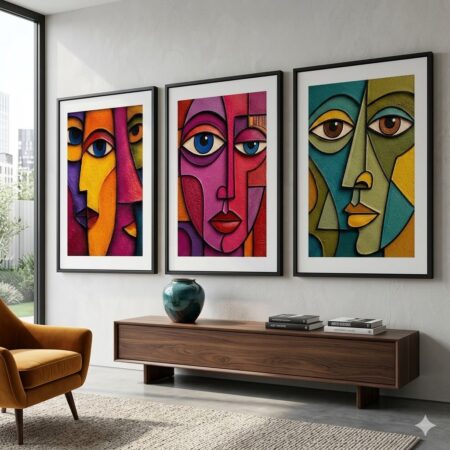 Triptyque visages abstraits colorés style cubiste, art mural moderne vif pour salon, tableau contemporain original