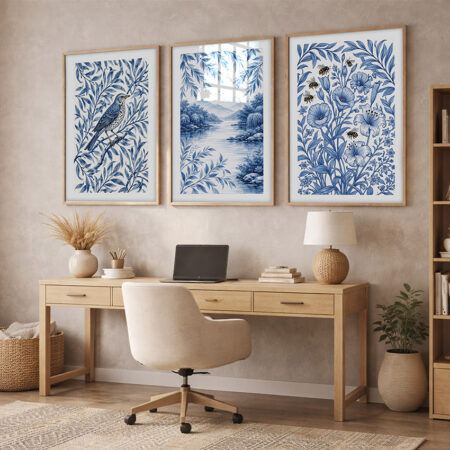 Triptyque bleu et blanc style toile de Jouy, oiseau et paysage fluvial, affiche botanique vintage pour chambre élégante
