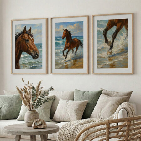 Triptyque chevaux sauvages au galop sur la plage, peinture à l'huile bord de mer, tableau équestre nature pour salon