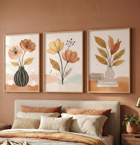 Triptyque fleurs bohèmes dans vases, illustration florale minimaliste tons chauds, affiche décoration murale douce