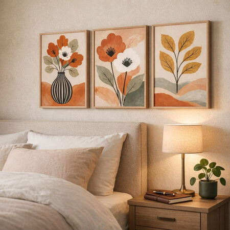 Ensemble 3 affiches fleurs abstraites tons terre cuite et vert, art mural botanique bohème chic pour chambre moderne