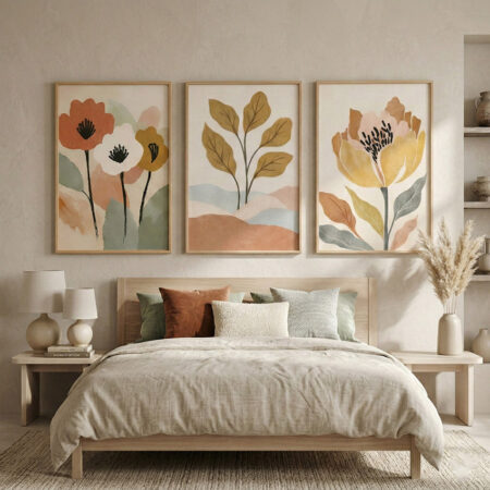 Triptyque grandes fleurs pastel aquarelle bohème, décoration murale botanique douce pour salon ou chambre apaisante