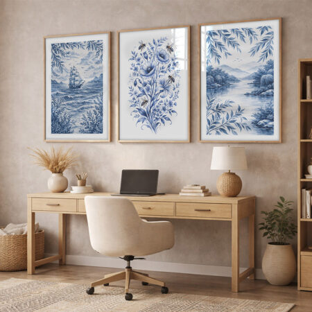 Triptyque paysage maritime et floral bleu et blanc, affiche voilier vintage, décoration murale classique élégante