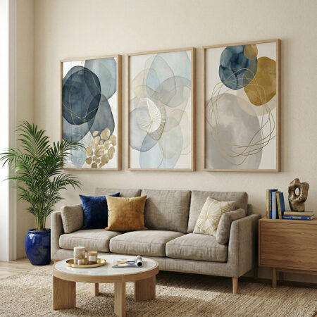 Lot de 3 Affiches Abstraites Bleu Marine et Or, Art Mural Aquarelle Moderne, Décoration Salon Minimaliste, Cadres Inclus