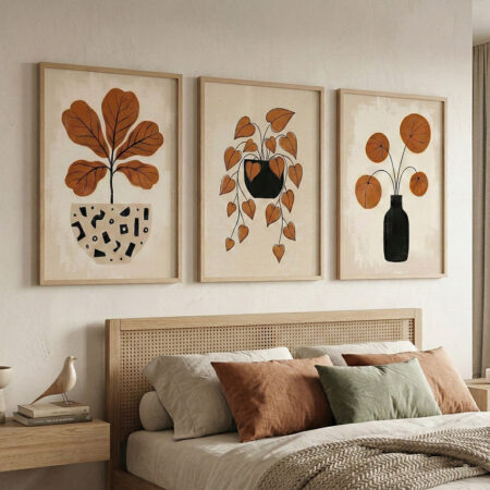 Triptyque Affiches Plantes Boho Terracotta, Décoration Murale Botanique Minimaliste, Art Mural Feuillage, Style Moderne