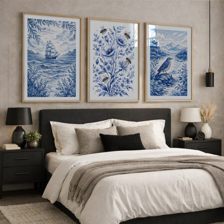 Lot 3 Affiches Bleues et Blanches Style Toile de Jouy, Paysage Bateau et Oiseau, Décoration Murale Maison de Campagne