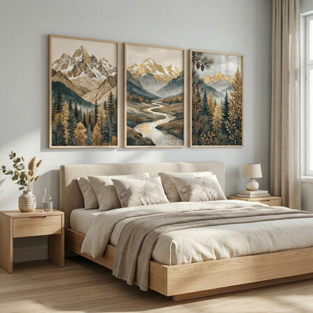 Triptyque Tableau Montagne et Forêt Dorée, Affiche Paysage Nature Minimaliste, Décoration Murale Salon Moderne Boho