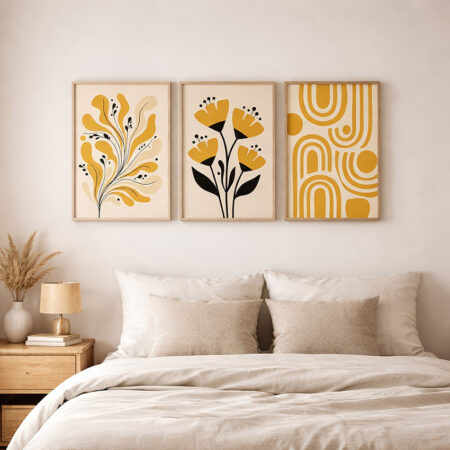 Triptyque Art Abstrait Jaune Moutarde et Noir, Affiche Botanique Bohème, Tableau Formes Géométriques Déco Salon