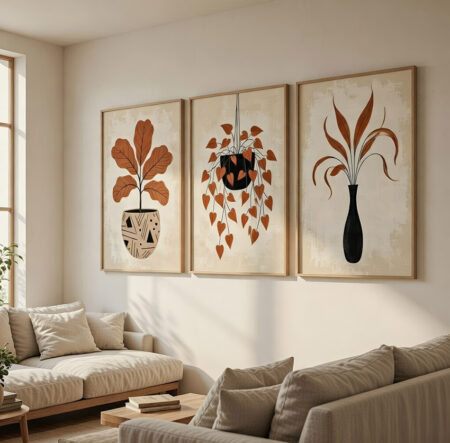 Triptyque Plantes en Pot Terracotta, Affiche Botanique Minimaliste Bohème, Décoration Murale Chaleureuse pour Salon