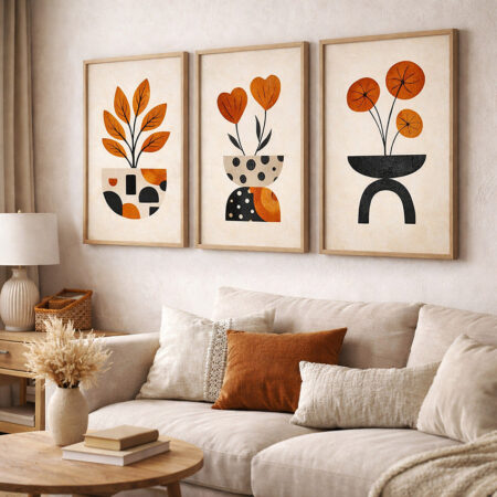 Triptyque Vases Graphiques et Fleurs Terracotta | Art Mural Abstrait Boho Chic | Set 3 Affiches Minimalistes Cadre Bois