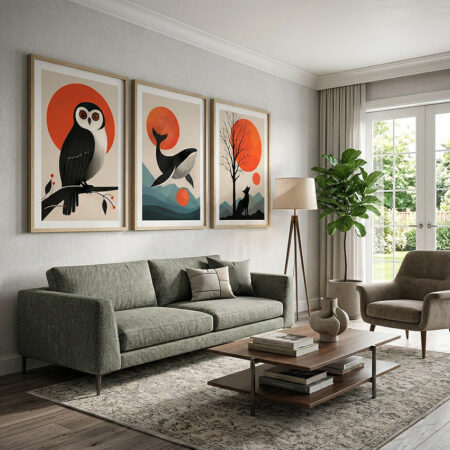 Triptyque Animaux Minimaliste Japonais | Hibou Baleine Loup Soleil Rouge | Décoration Murale Chambre | Cadre Bois