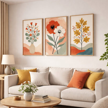Triptyque Fleurs des Champs Cottagecore | Affiche Botanique Cosy | Déco Murale Terracotta | Set 3 Cadres Bois Clair