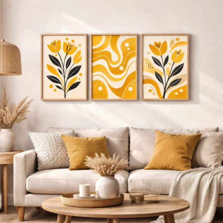 Triptyque Floral Vintage Années 70 | Affiche Art Abstrait Jaune Soleil | Déco Murale Mid-Century | Cadre Bois